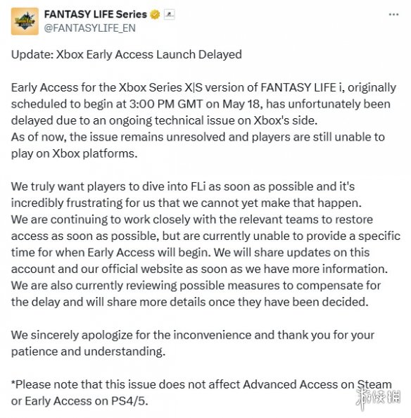 《幻想生活i》Xbox版本因技术问题延期发布，紧急公告已发布：遇到平台技术故障

