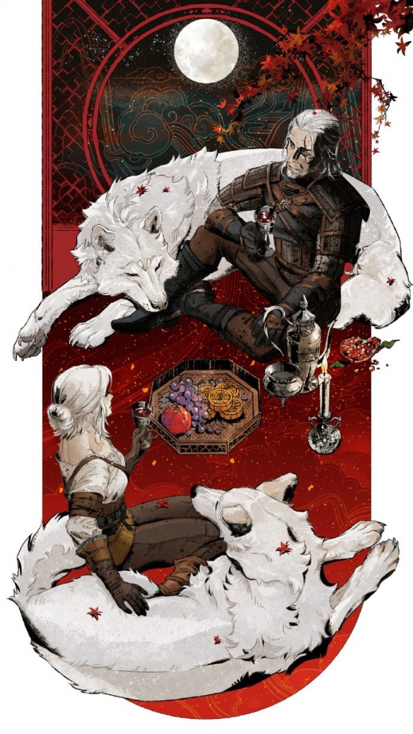 CDPR在中秋佳节之际公布了一幅祝福贺图，画面中《巫师3》的杰洛特与希里一同仰望明月，共享美酒。