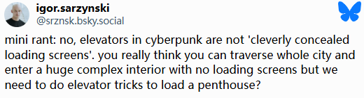 关于《赛博朋克2077》中“电梯”用途的谣言，开发者澄清：它绝非用作加载界面遮挡