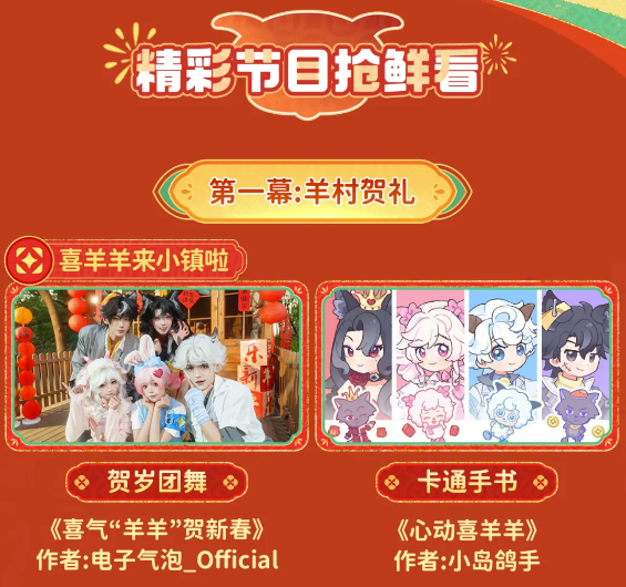 为了庆祝新年的到来，联动喜羊羊系列，打造特色羊村春晚盛会，让我们一同观看小镇春季直播盛典！